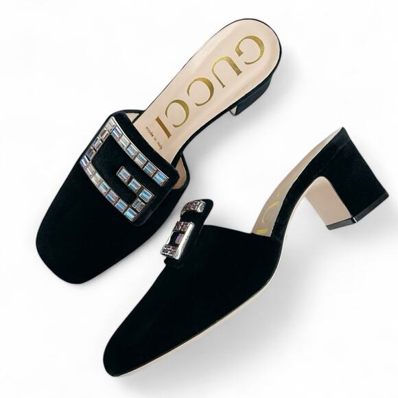 GUCCI Madelyn Velvet Crystal Square G Block Heel Mules - Picture 1 of 11